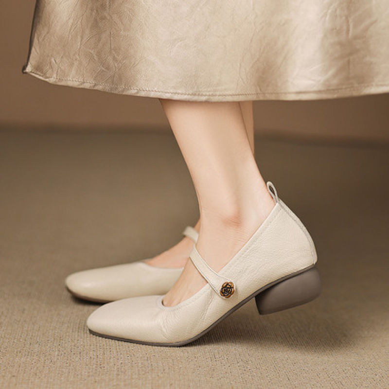 法式小羊皮一字带玛丽珍女鞋2025春夏新款中跟小皮鞋超软单鞋粗跟
