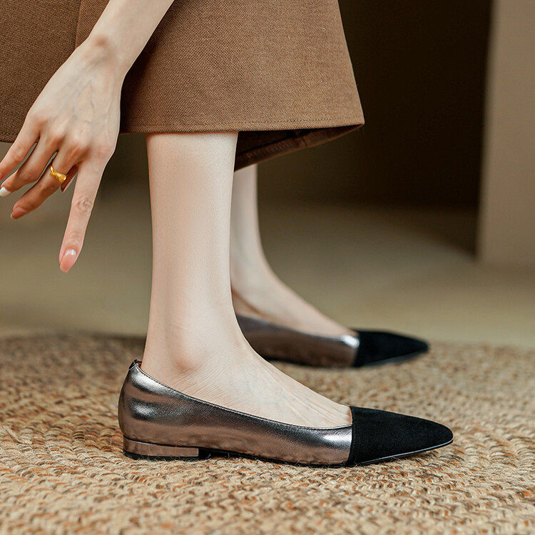 法式复古拼色低跟单鞋女小香风百搭简约浅口尖头平底女鞋,女鞋,马丁靴,淘宝优惠券,粉丝福利购,淘宝优惠卷