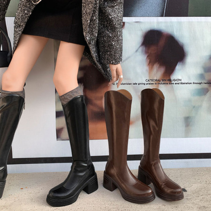 粗跟高筒靴子女不过膝棕色长筒靴瘦腿靴小个子厚底V口骑士靴高跟
