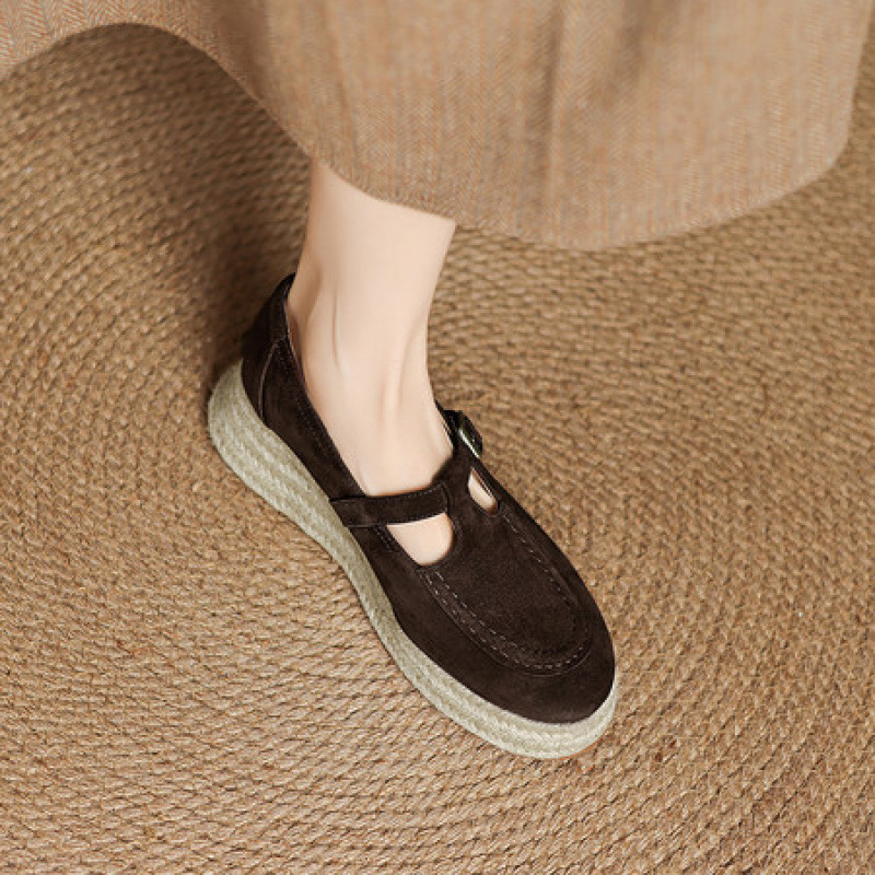 5cm高跟坡跟厚底单鞋女编底英伦风松糕鞋丁字带浅口玛丽珍鞋