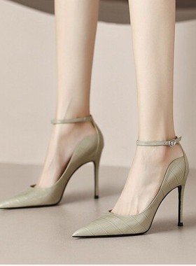 尖头超高跟鞋女2025年新款性感灰色时尚气质细跟单鞋真皮扣带牛皮