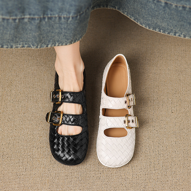 法式头层牛皮编织圆头平底玛丽珍鞋女2025年秋季新款浅口单鞋女鞋