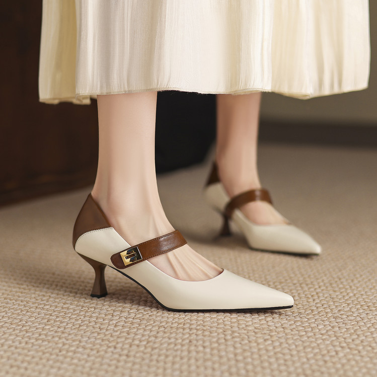 法式通勤小羊皮浅口单鞋5.5cm小跟鞋拼色一字带尖头高跟鞋女2025~