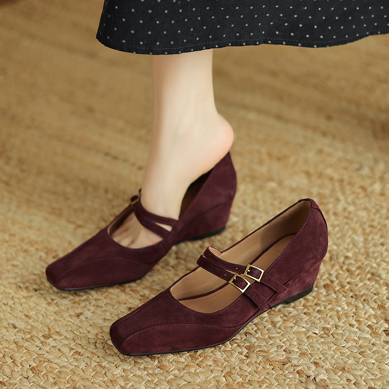 磨砂羊皮玛丽珍鞋2025年秋季浅口单鞋配裙子坡跟英伦风方头小皮鞋