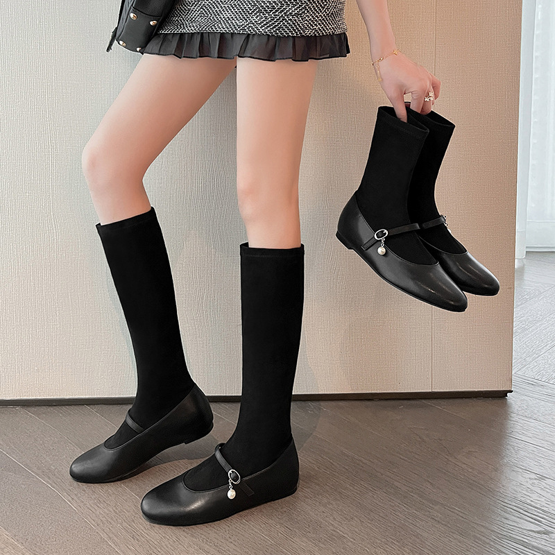 高定牛皮版~法式内增高弹力瘦瘦靴女短靴玛丽珍袜子靴显瘦长筒靴