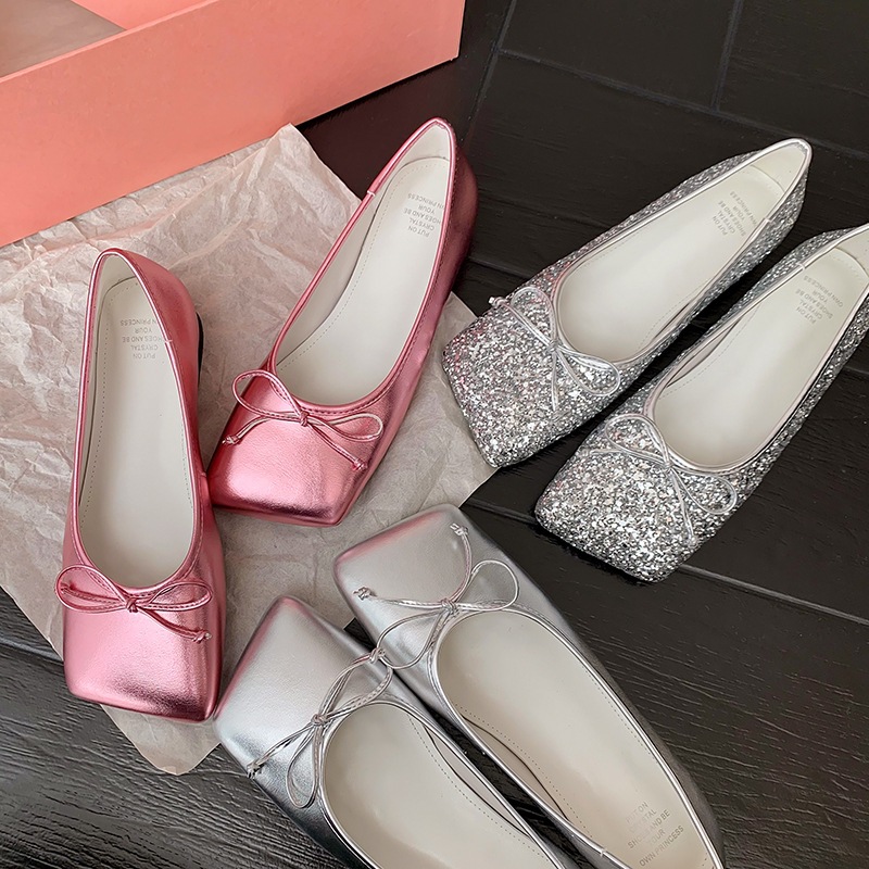 法式玛丽珍小皮鞋真皮亮片银色蝴蝶结单鞋女平底芭蕾鞋方头乐福鞋