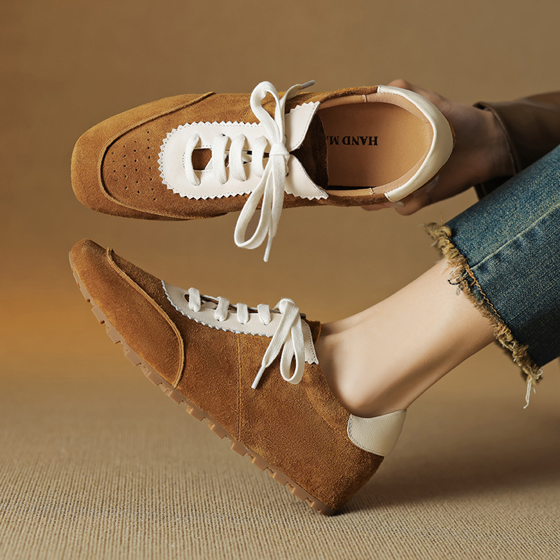 成都手工女鞋~2.5cm休闲磨砂德训鞋女春秋拼接系带深口内增高单鞋