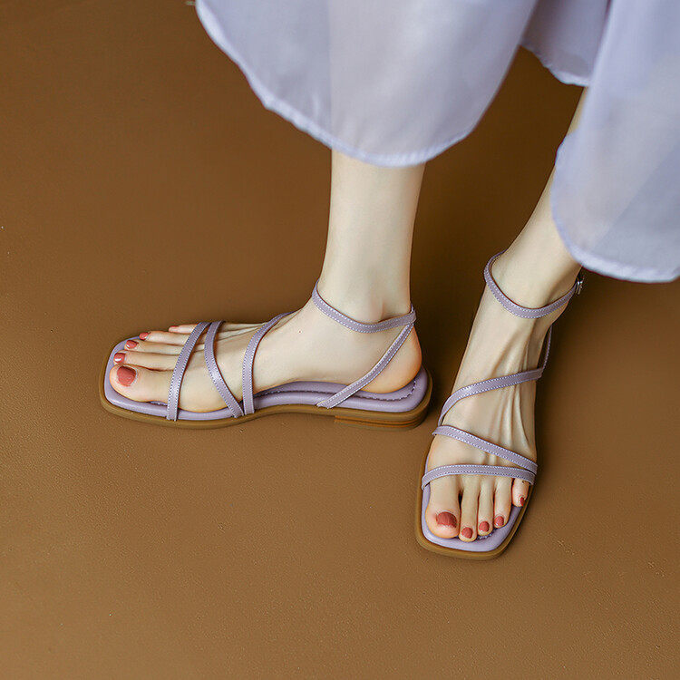 33/40大小码简约细带基础款方头露趾一字扣带平底紫色牛皮凉鞋女,运动/瑜伽/健身/球迷用品,广场舞鞋,淘宝优惠券,粉丝福利购,淘宝优惠卷