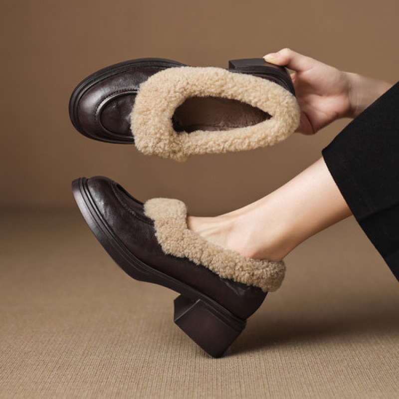 5.5CM 复古风真皮羊羔毛厚底加绒单鞋女秋冬新款粗跟保暖深口棉鞋
