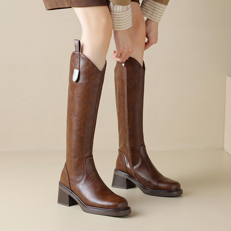 真皮直筒方头粗跟V口长筒靴女后拉链显瘦不过膝高跟高筒骑士长靴~
