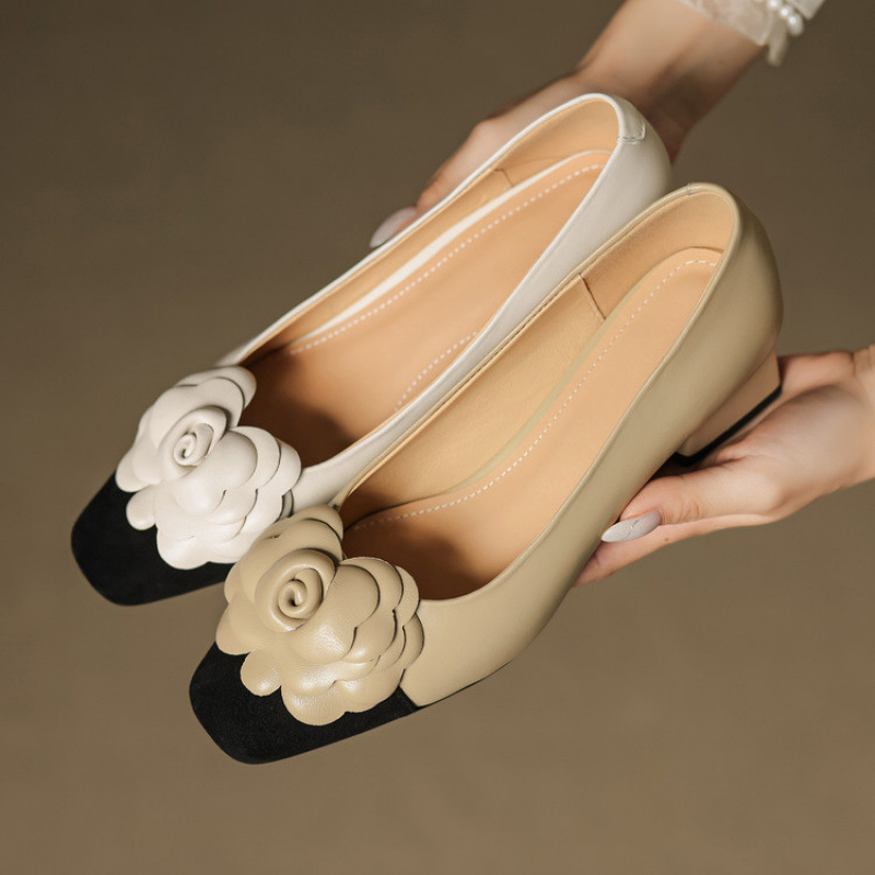 羊皮版2025新款真皮小香风粗跟山茶花拼色单鞋一脚蹬小皮鞋不累脚