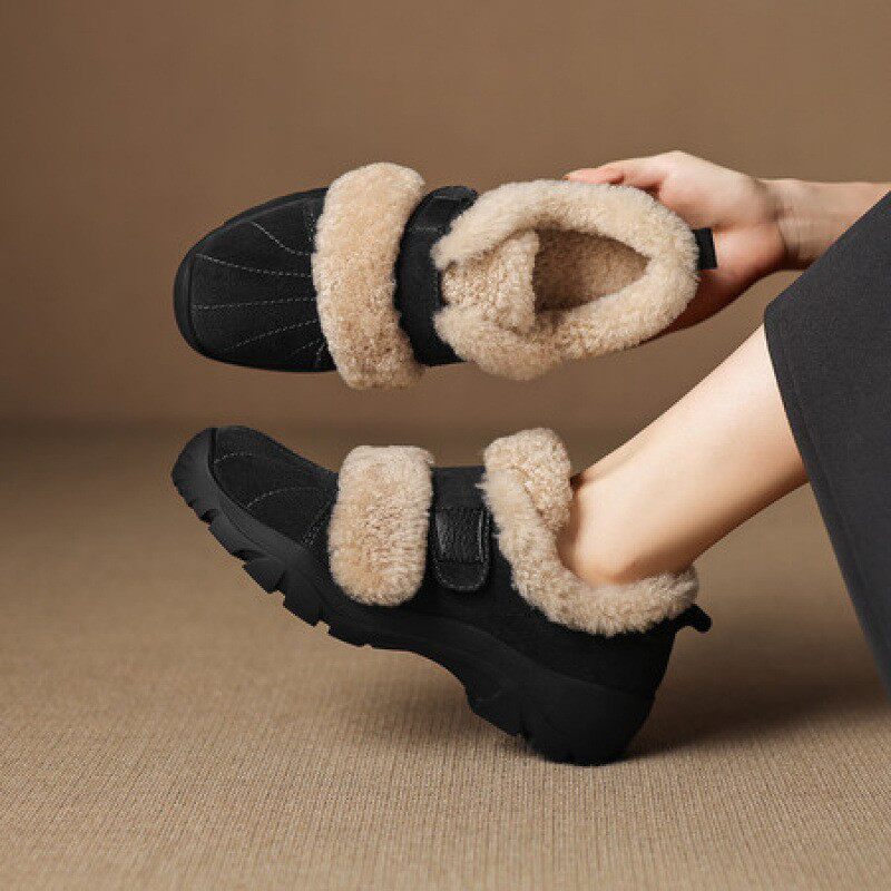 加绒保暖厚底魔术贴深口单鞋女休闲毛毛鞋厚底小个子棉鞋舒适增高