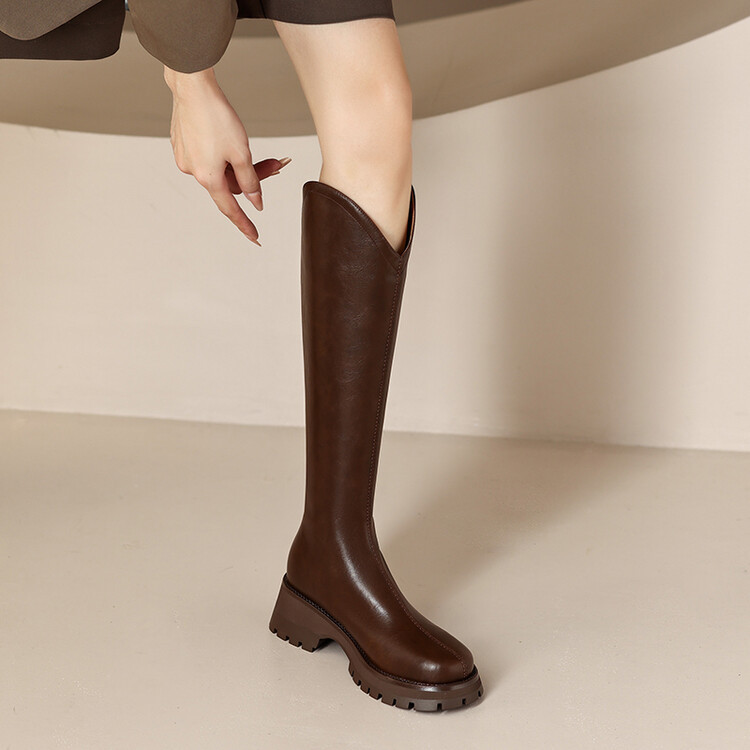 英伦风V口长筒靴女秋冬新款牛皮粗跟厚底中跟bai搭骑士靴高筒不过