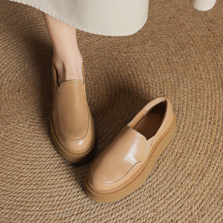 2025春新款真皮厚底圆头杏色乐福鞋女休闲坡跟松糕底羊皮懒人单鞋,女鞋,马丁靴,淘宝优惠券,粉丝福利购,淘宝优惠卷