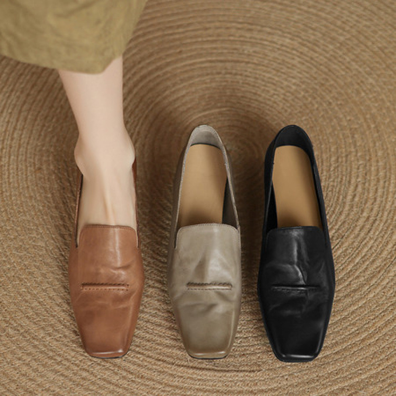 2025新款春季女鞋方头复古牛皮深口单鞋女英伦小皮鞋百搭乐福鞋