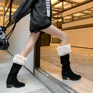 巨好看靴子长筒靴尖头粗跟加厚绒翻折两穿保暖显瘦高筒雪地靴女