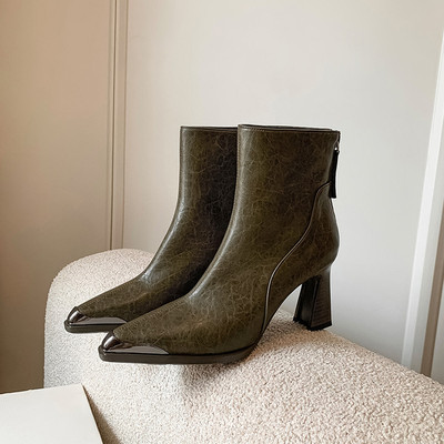 2025新款圆头粗跟短靴女裸靴法式气质短筒弹力瘦瘦靴马丁靴百搭
