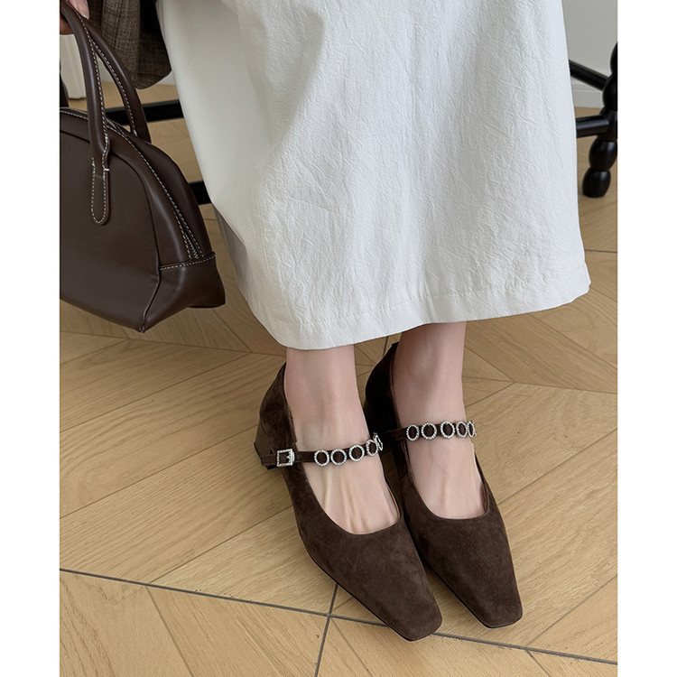 粗跟链条玛丽珍鞋女鞋2025年春秋新款新中式配裙子浅口一字带单鞋