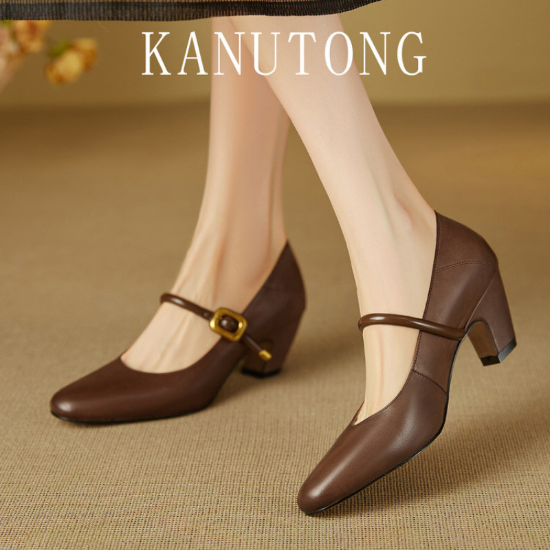 巨好穿2025新款法式复古真皮浅口夏季玛丽珍鞋粗跟不累脚单鞋女
