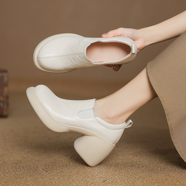 8CM英伦风厚底简约增高单鞋女百搭小皮鞋厚底粗跟一脚蹬高跟鞋春~