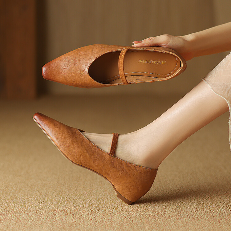 羊皮小方头低跟玛丽珍女鞋真皮复古浅口一字扣软底内增高百搭单鞋