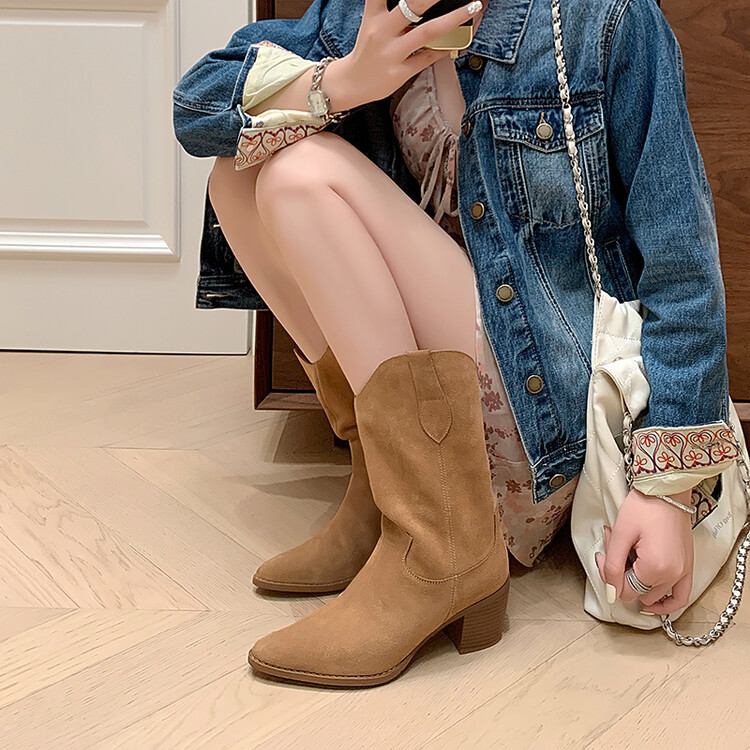 牛翻皮 磨砂时装靴6CM方跟尖头复古真皮高跟中筒靴英伦牛仔骑士靴