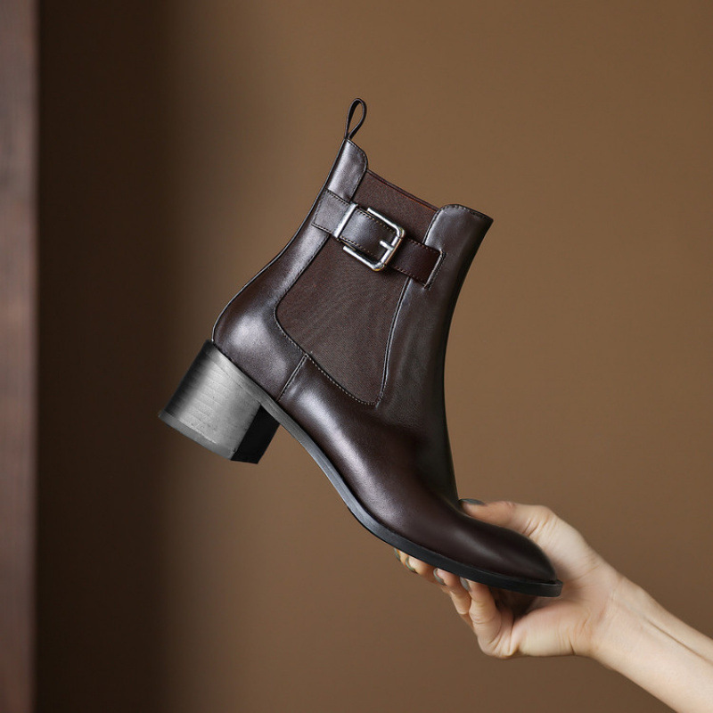 2025新款复古圆头粗跟短靴女切尔西靴马丁靴牛皮一脚蹬套筒