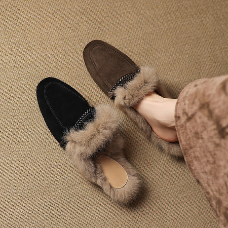 真皮毛毛鞋穆勒鞋包头拖鞋平底外穿懒人鞋时尚保暖兔毛一脚蹬半托