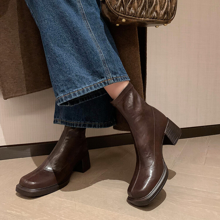 厚底马丁靴法式瘦瘦靴方头粗跟中跟弹力靴显瘦气质短靴女春秋单靴