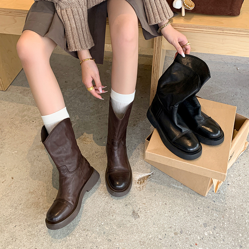 真皮法式复古水洗头层牛皮厚底小个子增高v口骑士西部靴中筒靴女