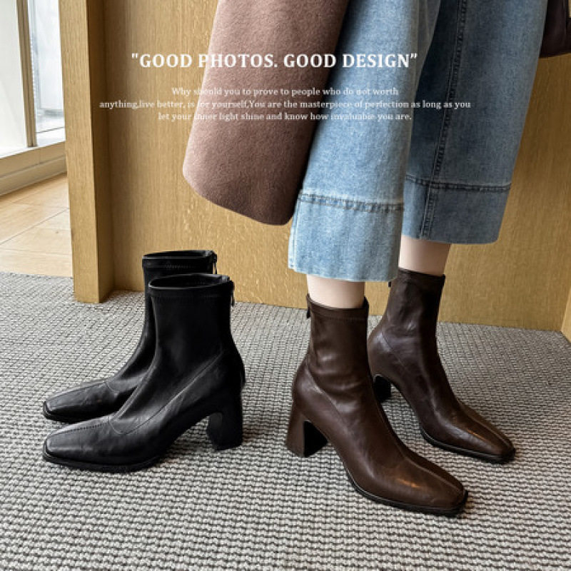 短靴子女巨好看配裙子美拉德2025新款早秋季方头棕黑色高粗跟,女鞋,马丁靴,淘宝优惠券,粉丝福利购,淘宝优惠卷