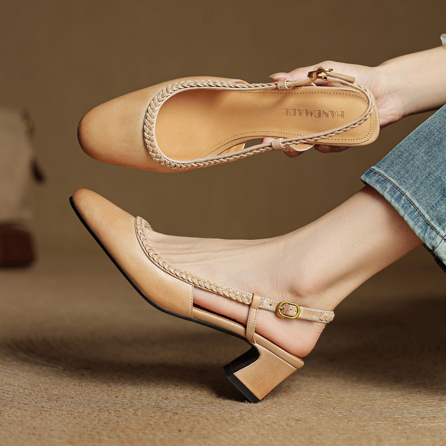 2025新款水洗头层牛皮 粗跟5cm里外全皮轻奢精品单鞋编织凉鞋女鞋,户外/登山/野营/旅行用品,登山鞋/徒步鞋,淘宝优惠券,粉丝福利购,淘宝优惠卷