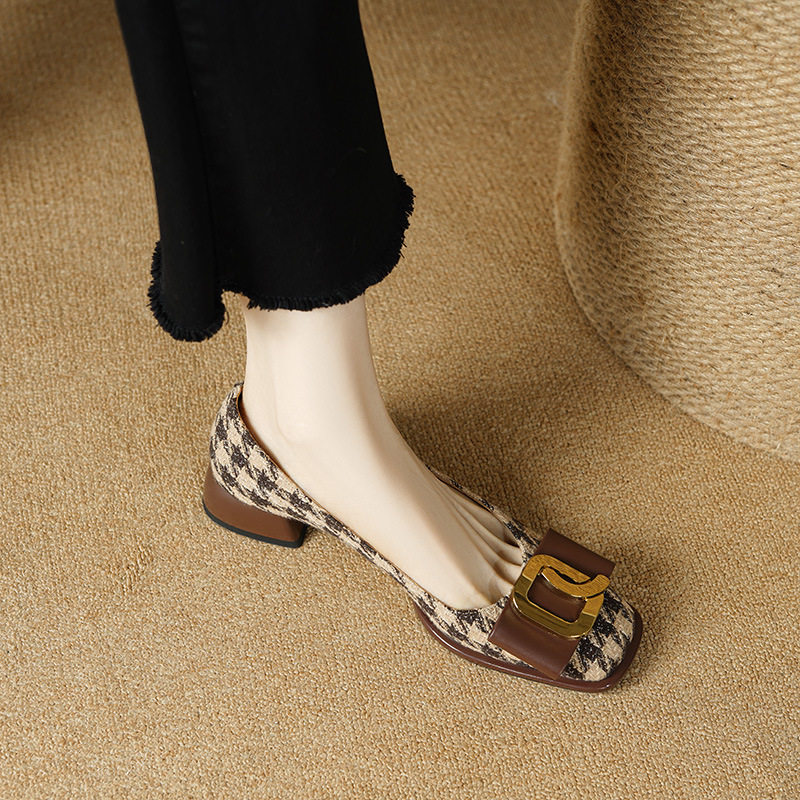 法式方头小香风粗跟单鞋复古金属扣蝴蝶结千鸟格真皮一脚蹬中跟鞋,女鞋,马丁靴,淘宝优惠券,粉丝福利购,淘宝优惠卷