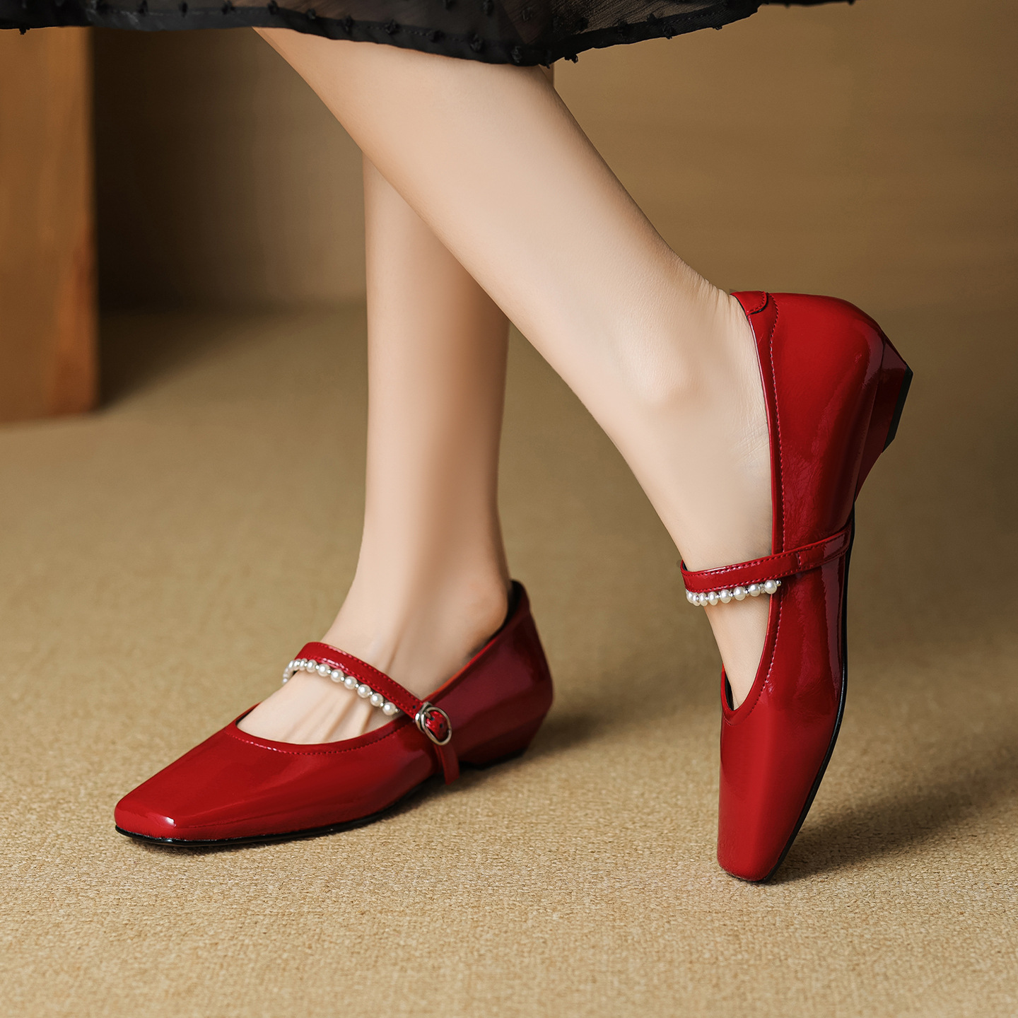 真皮版～法式方头珍珠一字带玛丽珍鞋女秋季小皮鞋浅口低跟单鞋女