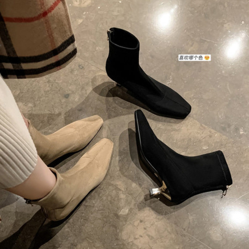 4cm粗跟方头及踝靴弹力绒面瘦瘦靴法式卡其色短靴女春秋单靴,运动/瑜伽/健身/球迷用品,广场舞鞋,淘宝优惠券,粉丝福利购,淘宝优惠卷