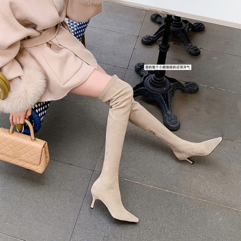 6CM小猫跟~大码42低跟尖头弹力过膝长靴秋冬瘦瘦长筒靴女
