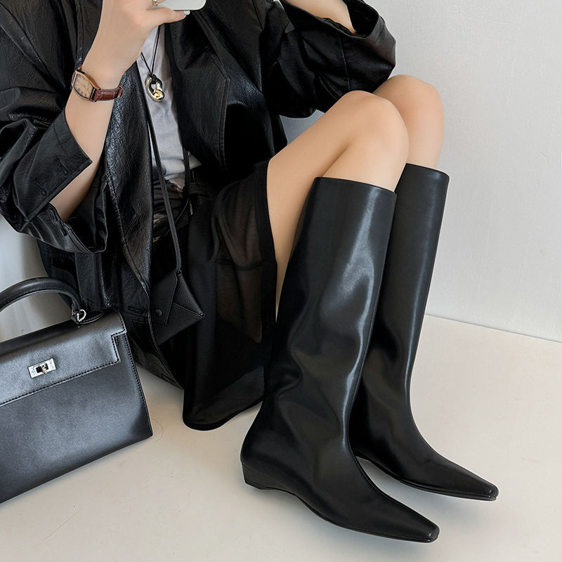 2cm~小坡跟高筒靴2024秋冬新款长靴女不过膝方头大筒围宽筒骑士靴
