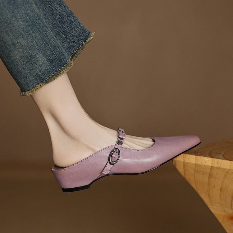 学院风头层牛皮蝴蝶结铆钉一字带尖头穆勒半拖内增高包头凉拖鞋女