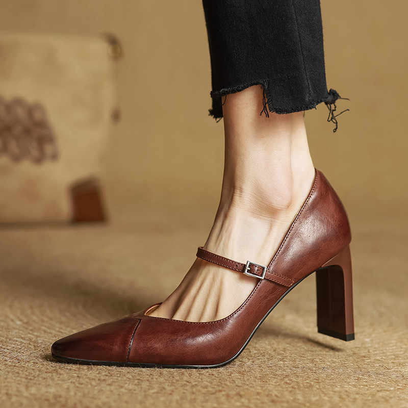 真皮高跟鞋女法式复古风极简黑色一字扣带玛丽珍鞋配裙子粗跟单鞋