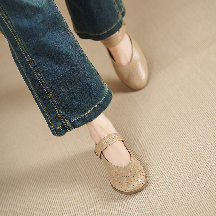 镂空透气羊皮玛丽珍单鞋女夏软皮软底中老年舒适不累脚妈妈鞋加宽