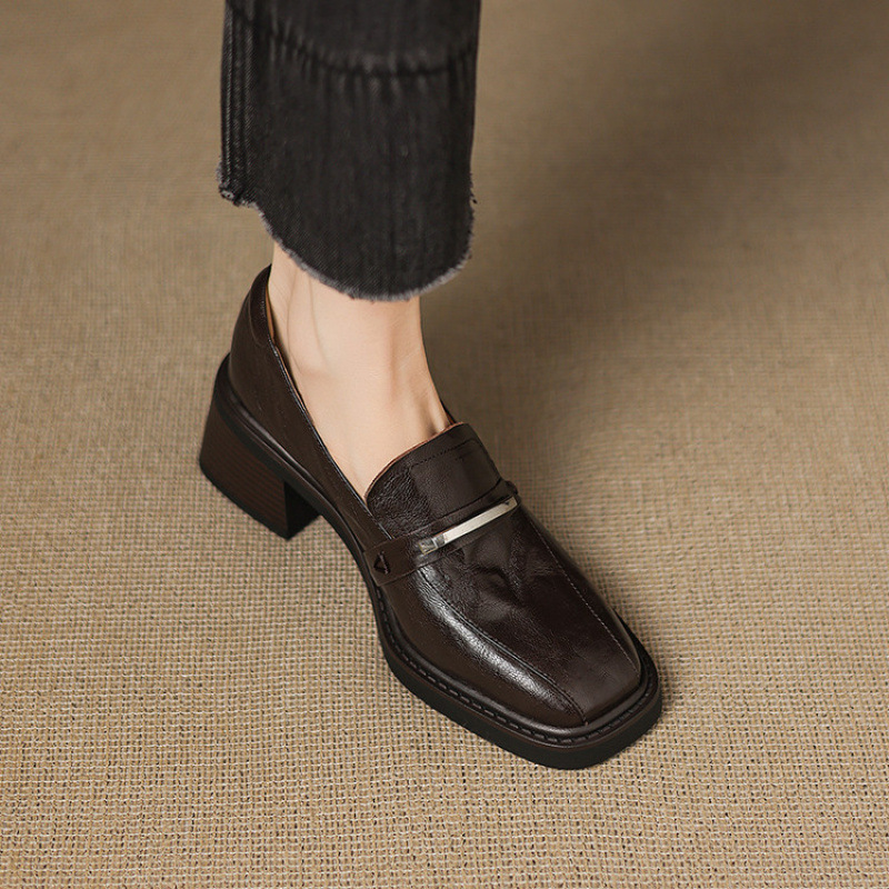 6cm英伦风厚底小皮鞋女真皮粗跟乐福鞋2025新款秋季高跟懒人单鞋