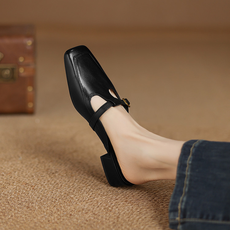 3cm|真皮低跟超火包头半拖鞋女2025新款复古T字带气质粉色凉拖鞋~