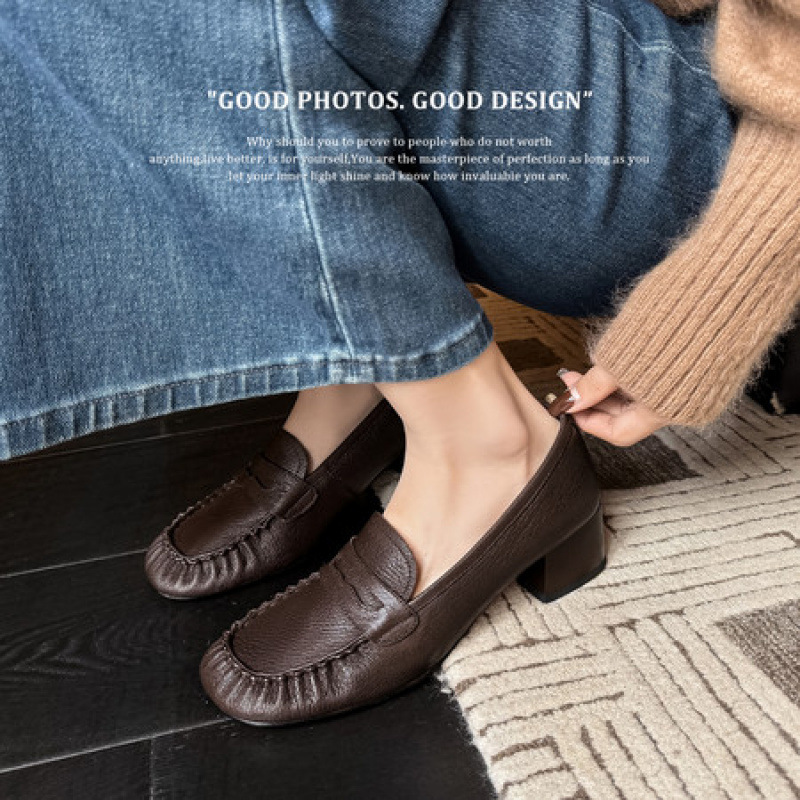 巨软真皮褶皱~4.5cm粗跟单鞋女春秋小皮鞋法式复古圆头中口乐福鞋