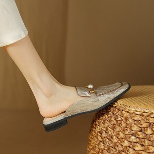 真皮金属扣乐福鞋 女夏懒人外穿穆勒鞋 凉拖 复古国风包头半拖鞋 法式