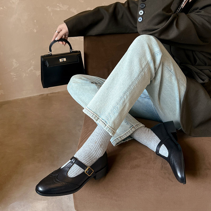 棕色牛皮低跟3.5CM平跟园头拼接T字带玛丽珍单鞋女法式真皮小皮鞋