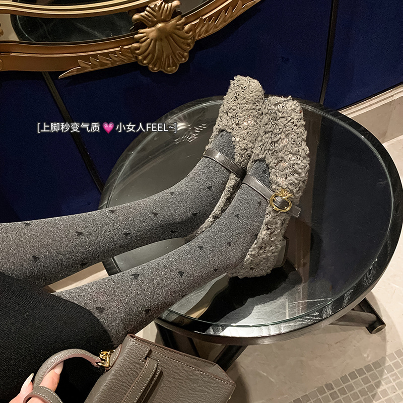 法式小香风羊羔毛一字带玛丽珍鞋女加绒方头毛毛单鞋配裙子晚晚鞋
