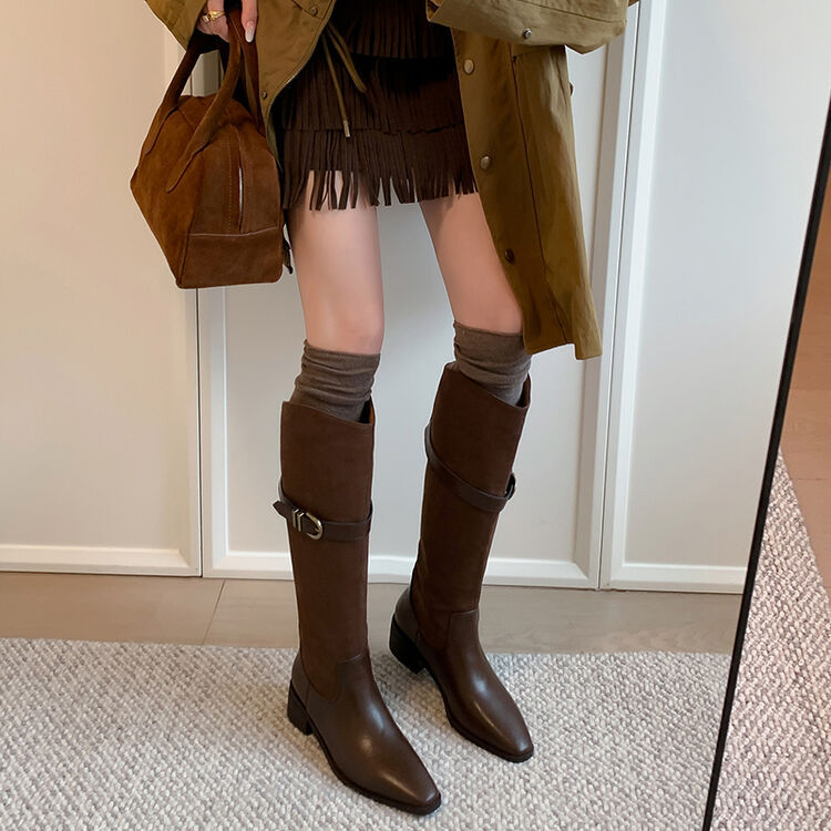 长靴子女方头不过膝高筒骑士绒面拼接2024新款秋冬季英伦风皮带扣