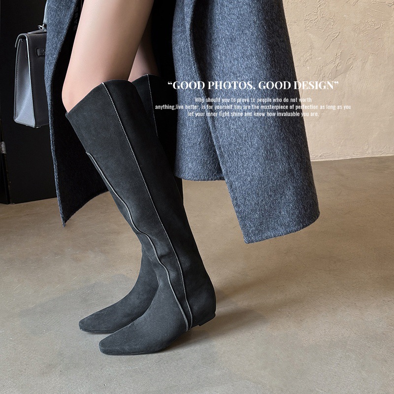 2025新款方头粗跟法式复古真皮套筒大筒高筒长筒靴百搭过膝长靴女