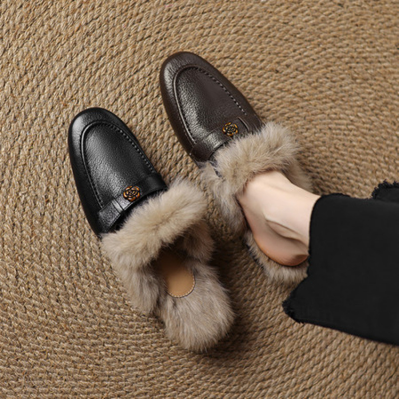 兔毛真皮毛毛拖鞋女外穿冬季山茶花加绒保暖包头穆勒鞋粗跟半拖鞋