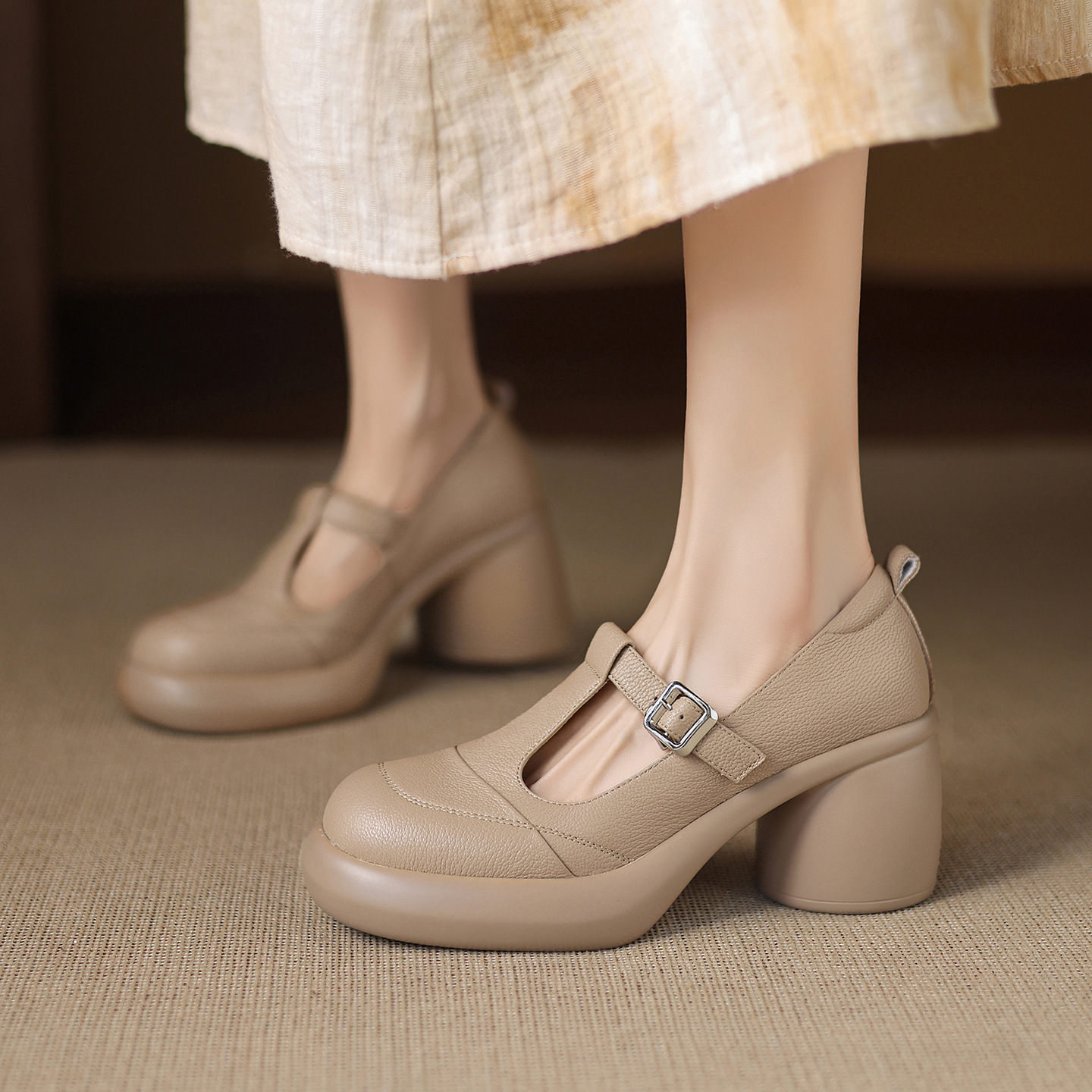 学院风小羊皮圆头T字带玛丽珍小皮鞋小个子防水台7cm厚底高跟鞋女